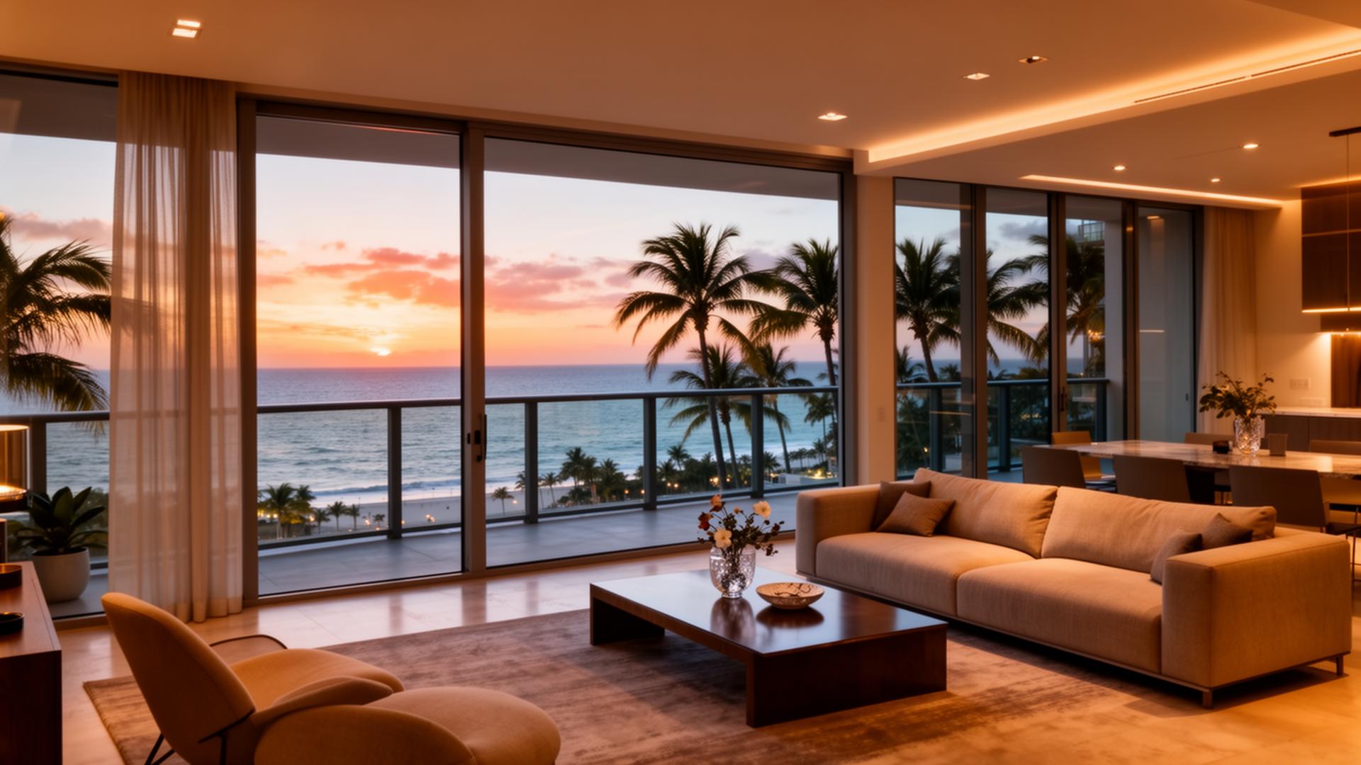 Modern South Florida rental apartment with ocean view at sunset