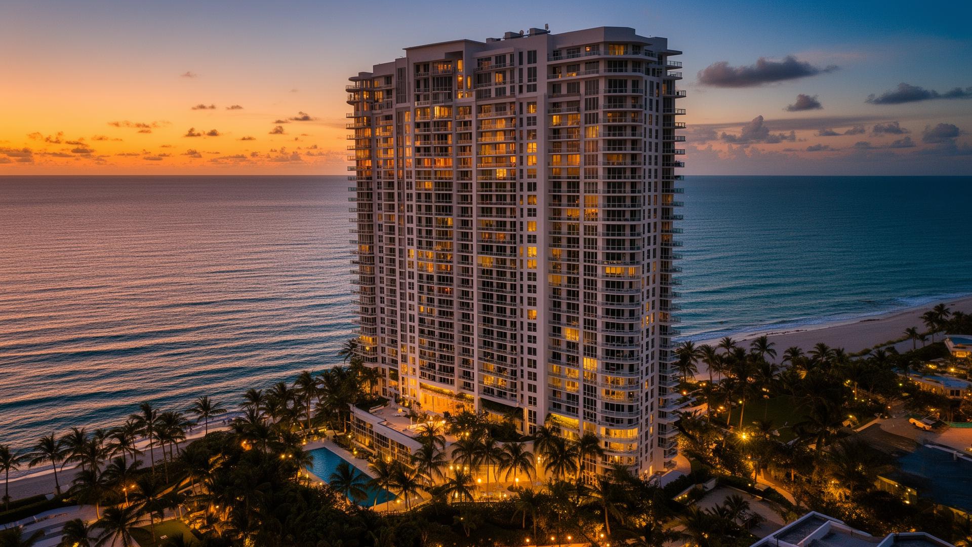 Luxury South Florida oceanfront investment condo at twilight